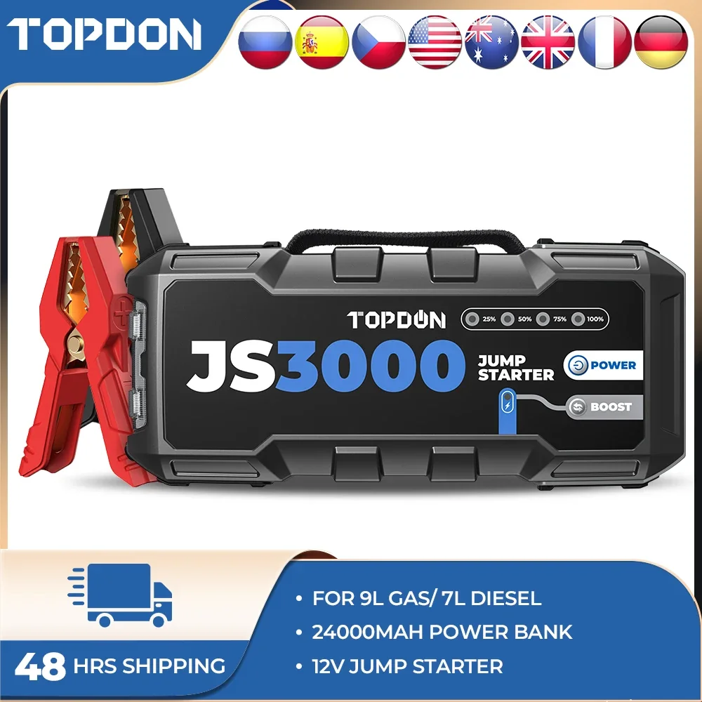 Démarreur de voiture Topdon JS3000 3000A 12V avec batterie externe de 24000mAh. N'hésitez pas à me contacter si vous avez besoin d'aide concernant d'autres titres de produits !