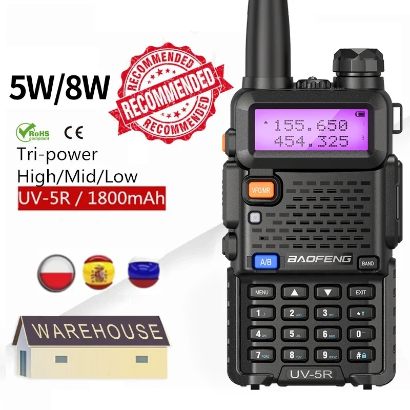 Baofeng UV-5R Talkie-walkie double bande haute puissance (8 W/5 W) - Longue portée, 16 km, radio CB pour la chasse, portable UV5R