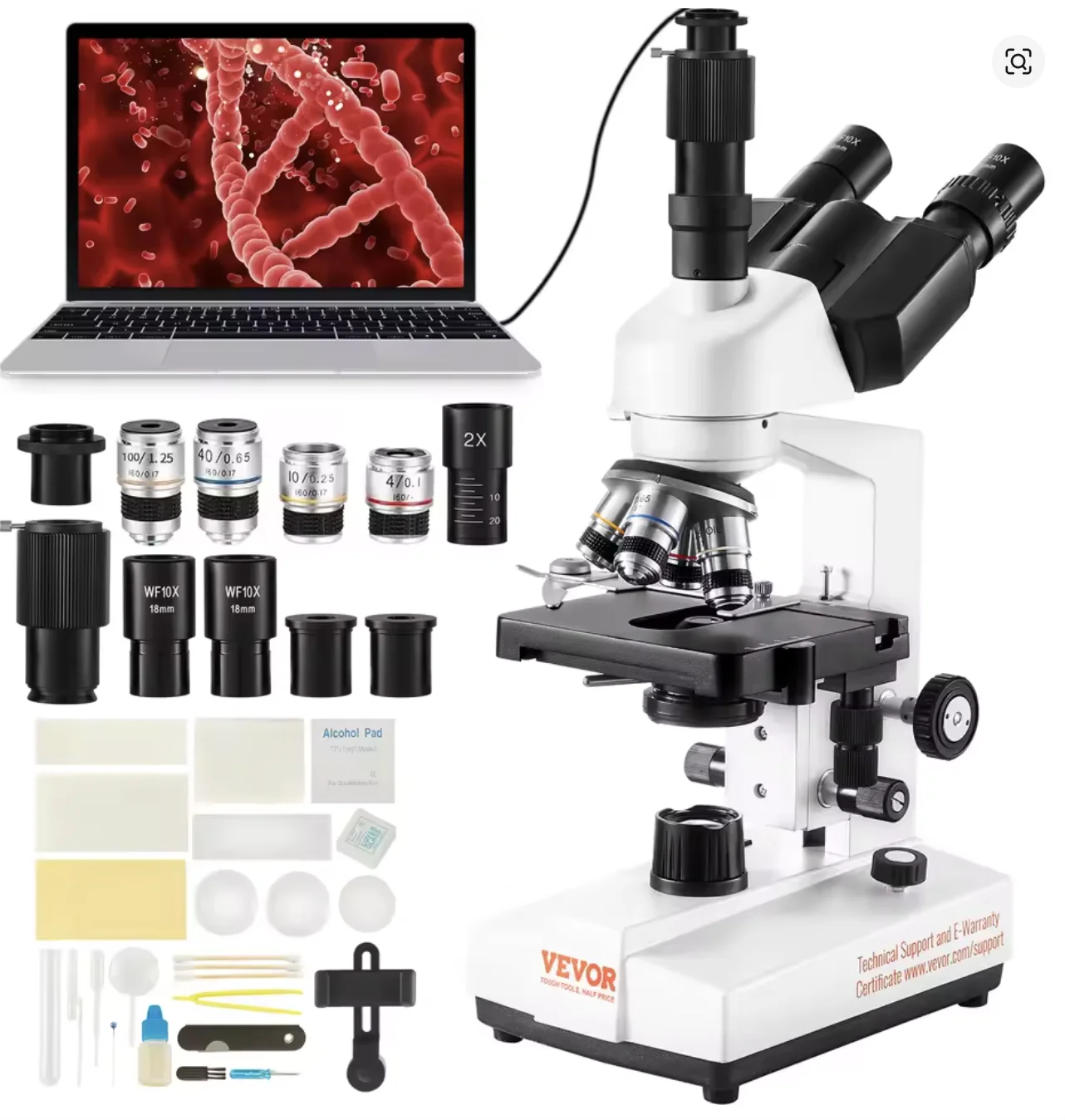 Microscope biologique trinoculaire composé VEVOR 40X-5000X avec mise au point grossière et fine, platine double et interface ordinateur/moniteur externe pour l'enseignement et la recherche