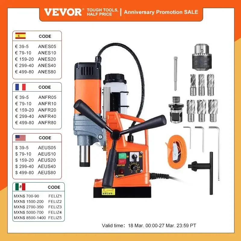 Perceuse à colonne magnétique VEVOR - Perceuse électrique 1300 W, diamètre de perçage 2", 810 tr/min, déclenchement en 1 seconde (Modèle : 810 PRM)