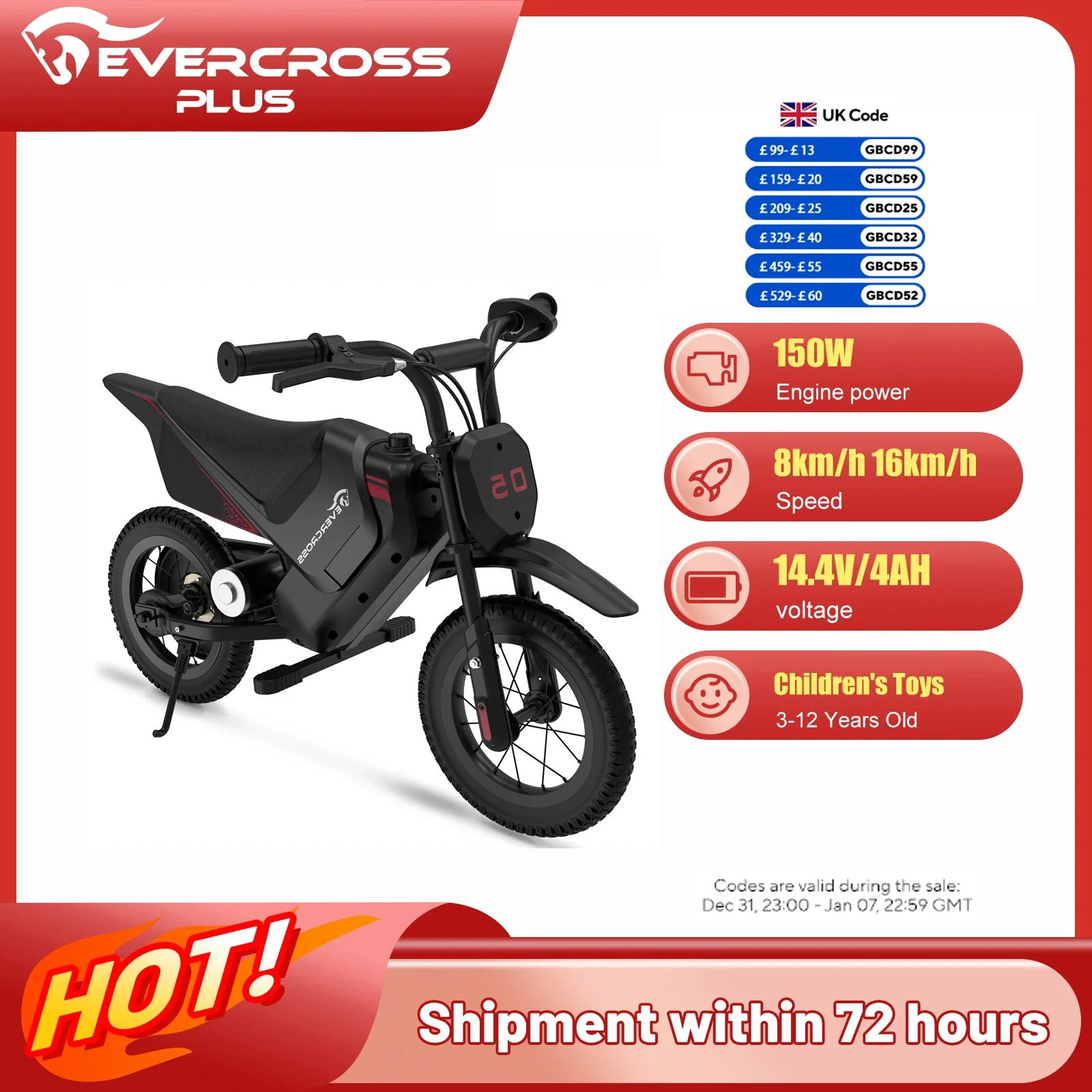 Moto tout-terrain électrique EVERCROSS PLUS 150W pour enfants, vitesse réglable (8/16 km/h), autonomie de 10 km, motocross 12 pouces (3-12 ans)