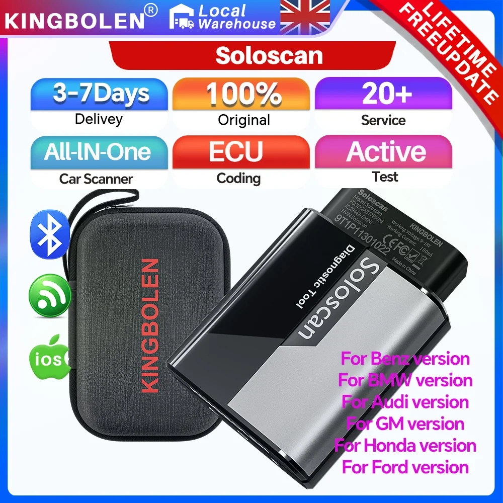 Scanner OBD2 Bluetooth KINGBOLEN Soloscan - Bidirectionnel, plus de 20 réinitialisations, outil de diagnostic automobile pour Mercedes-Benz, BMW, Audi et GM (mises à jour gratuites à vie)
