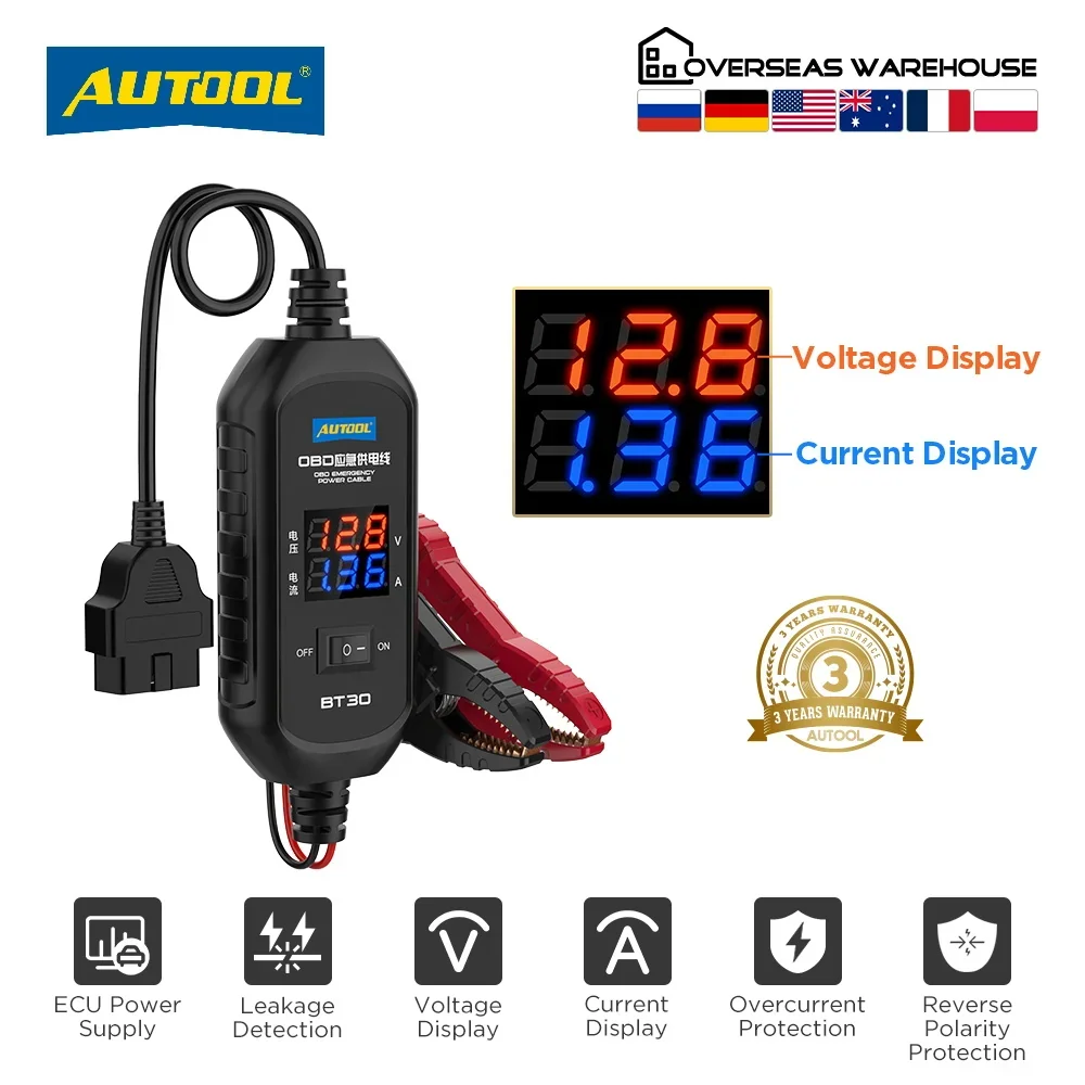 AUTOOL BT30 Câble d'alimentation de secours OBD pour voiture, économiseur de batterie, connecteur ECU et détecteur de fuites