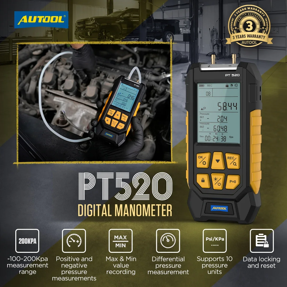 Kit manomètre différentiel numérique AUTOOL PT520 (-100 à 200 kPa) pour pression d'air et vide