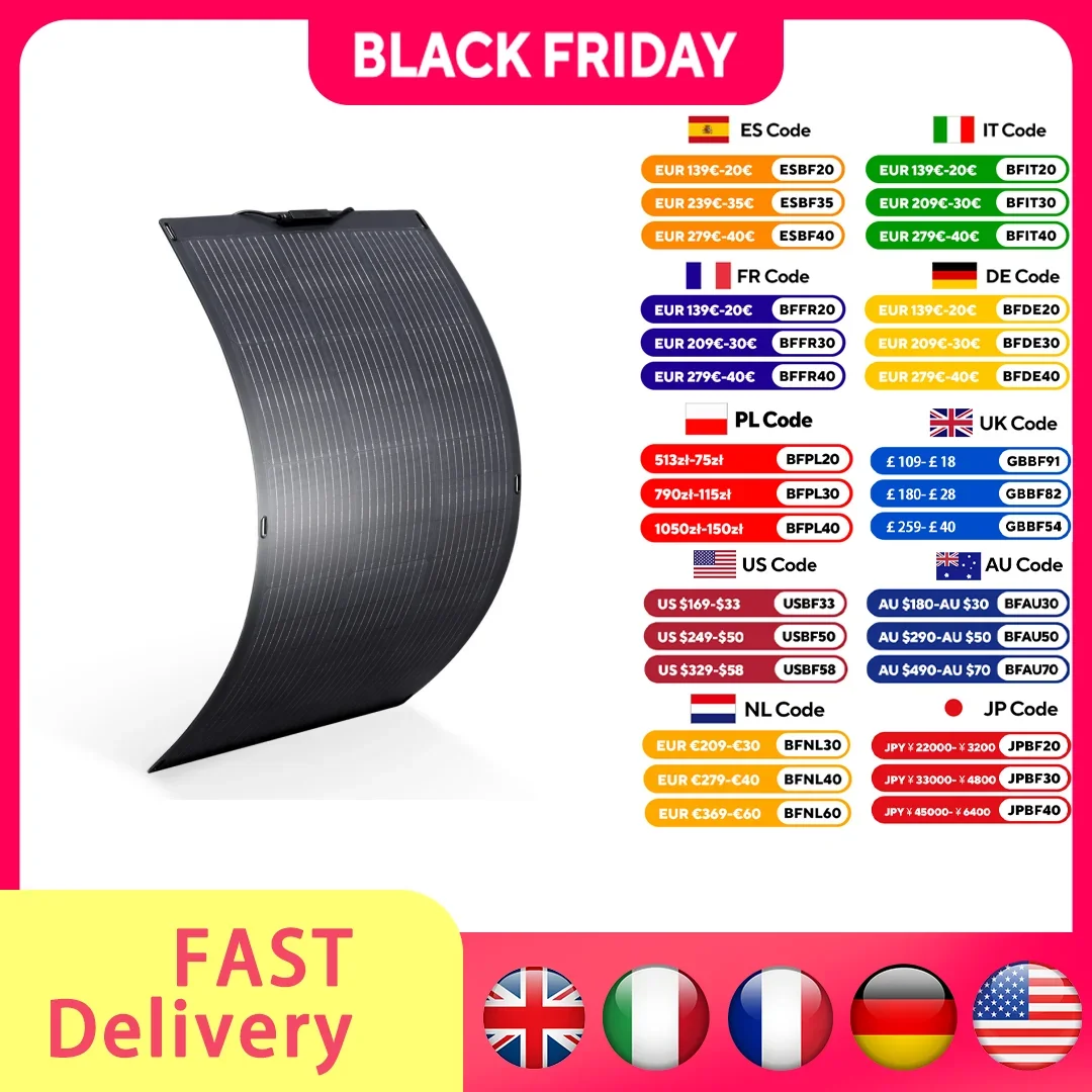 Centrales solaires de balcon ALLPOWERS SF200 et SF100 : panneaux solaires flexibles 200 W/100 W, étanches IP68, pour centrales hors réseau, camping-cars et toitures.