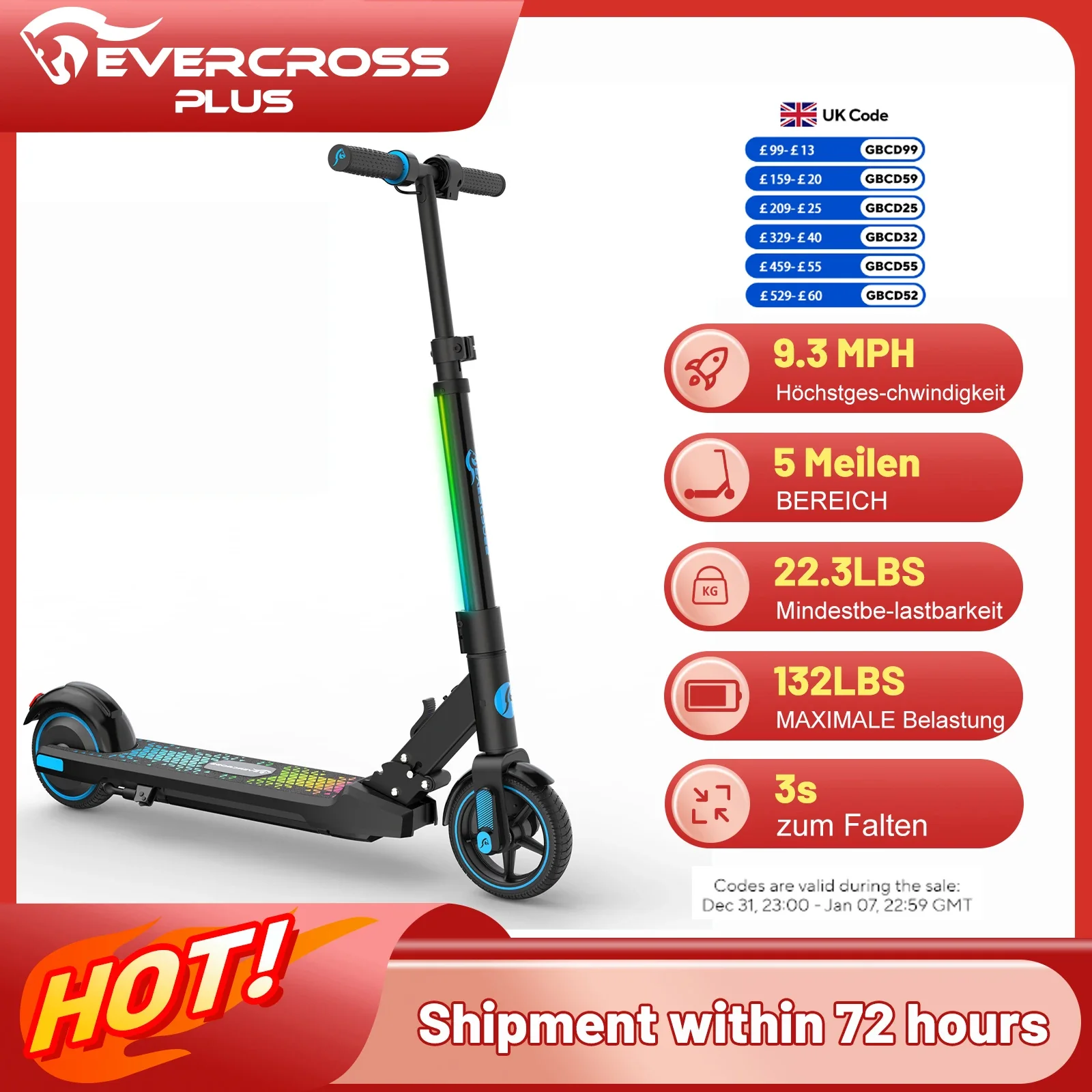 Trottinette électrique pour enfants EVERCROSS PLUS EV06C - Pliable, vitesse de 15 km/h, écran LED, lumières colorées