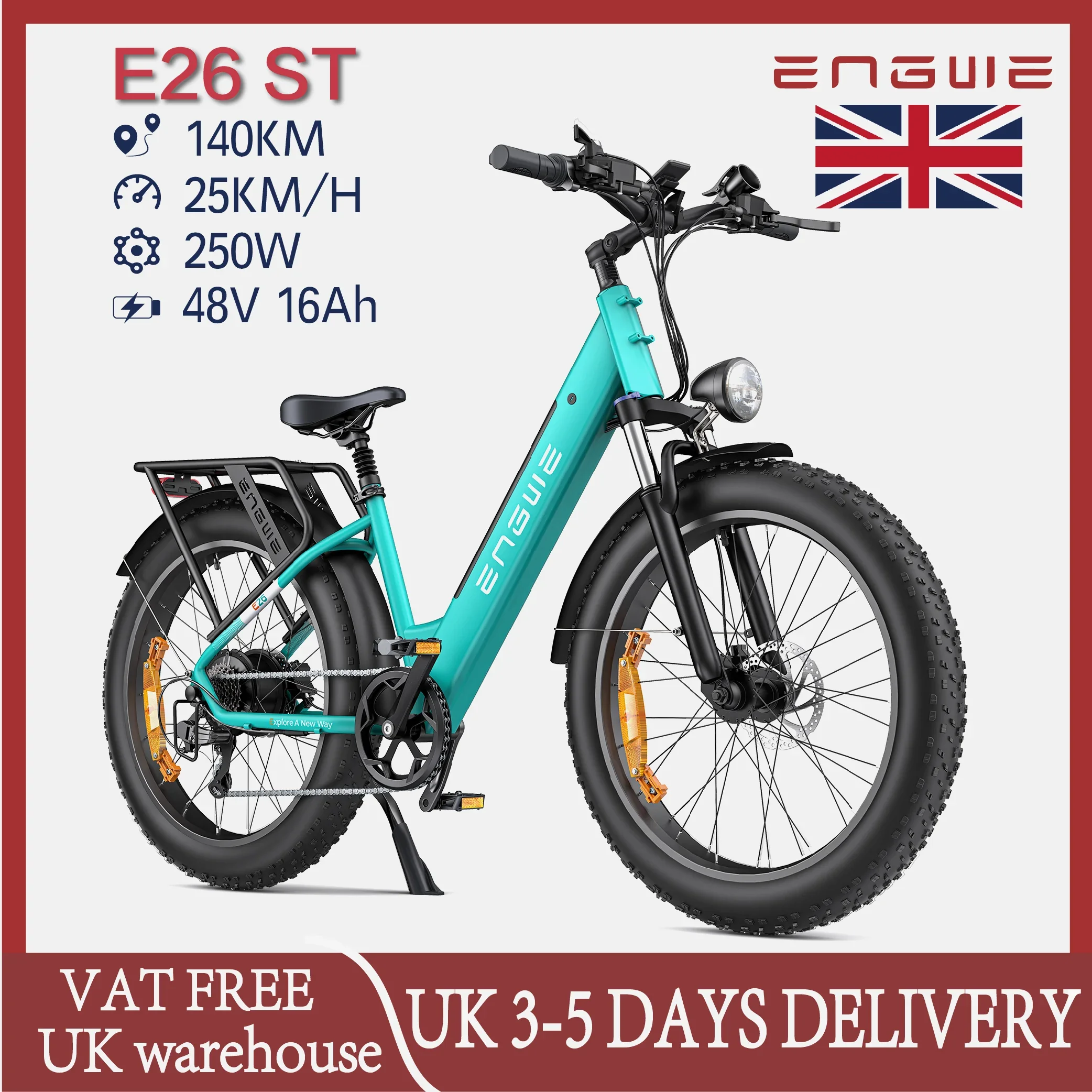 Vélo électrique ENGWE E26 ST - Moteur 250 W, batterie 48 V 16 Ah, vitesse jusqu'à 25 km/h, autonomie de 140 km, pneus larges de 26 pouces