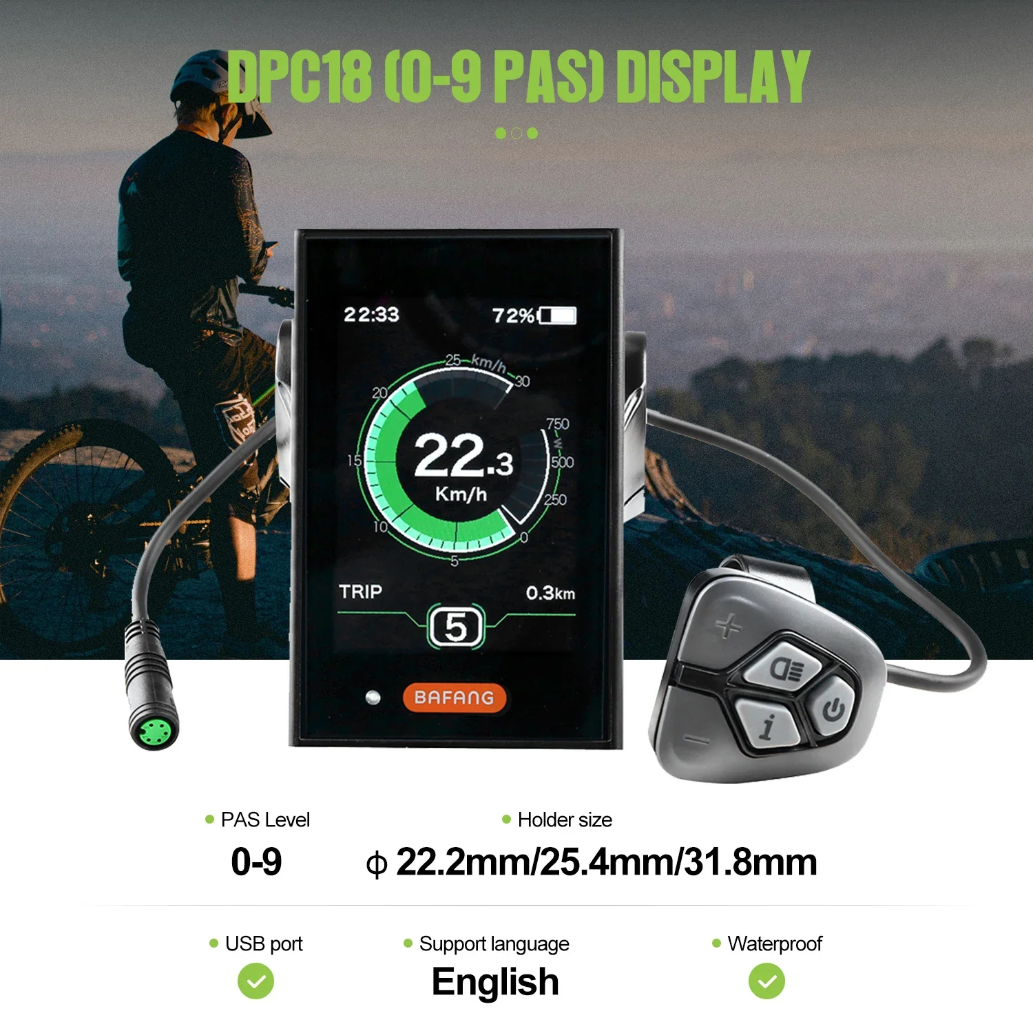 Écran LCD BAFANG DPC18 pour moteurs 8FUN BBS01/BBS02/BBSHD - Ordinateur de vélo électrique avec 9 PAS et interface UART